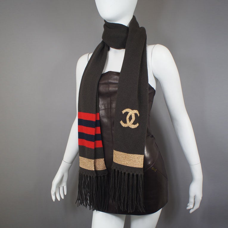 CHANEL Brown Cashmere Icon Scarf with Gold, Red & Navy Accents 4