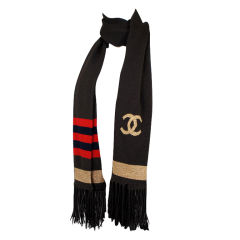 CHANEL Brown Cashmere Icon Scarf with Gold, Red & Navy Accents