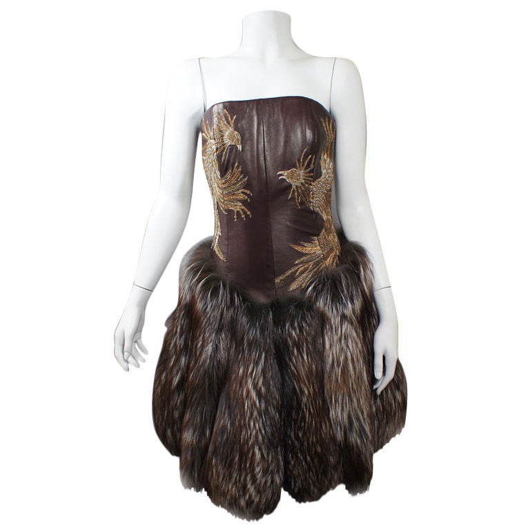 Alexander McQueen Leather Brocade & Fur Dress US 4