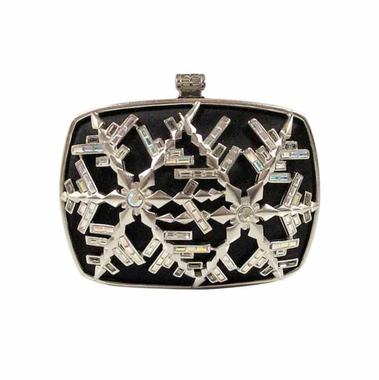 Judith Leiber Vintage Black Silk & Crystal Snowflake Minaudiere
