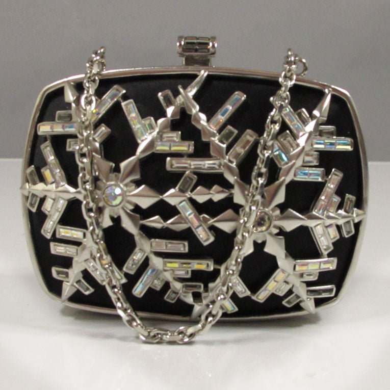 Judith Leiber Vintage Black Silk & Crystal Snowflake Minaudiere 2