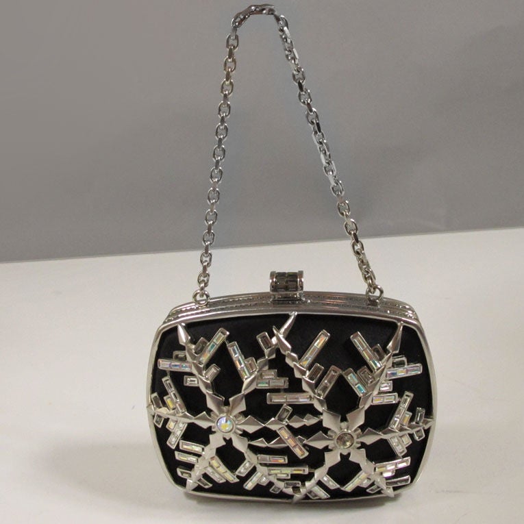 Judith Leiber Vintage Black Silk & Crystal Snowflake Minaudiere 3