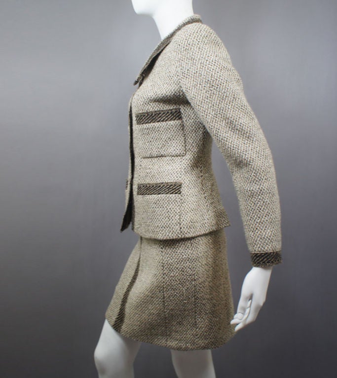 Chanel Vintage Beige Suit Embellished with Red Beads Throughout