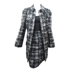 CHANEL Camellia Boucle Black White Grey Coat Skirt Suit Sz 42 10