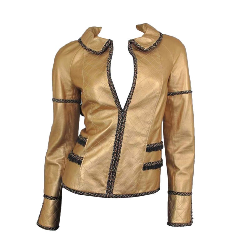 CHANEL Copper Quilted Leather Jacket Boucle Trim Size 34 2 For Sale