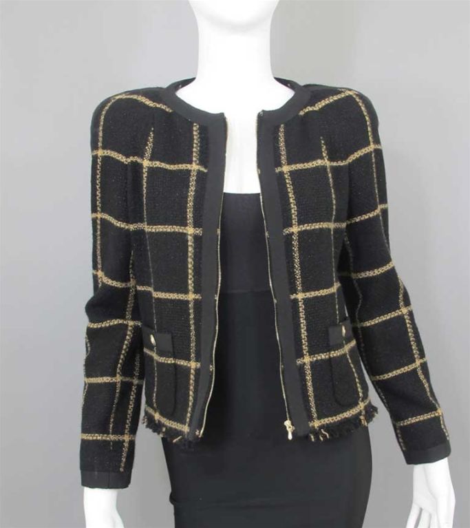 Women's CHANEL Black and  Gold Windowpane Boucle Jacket 38 6