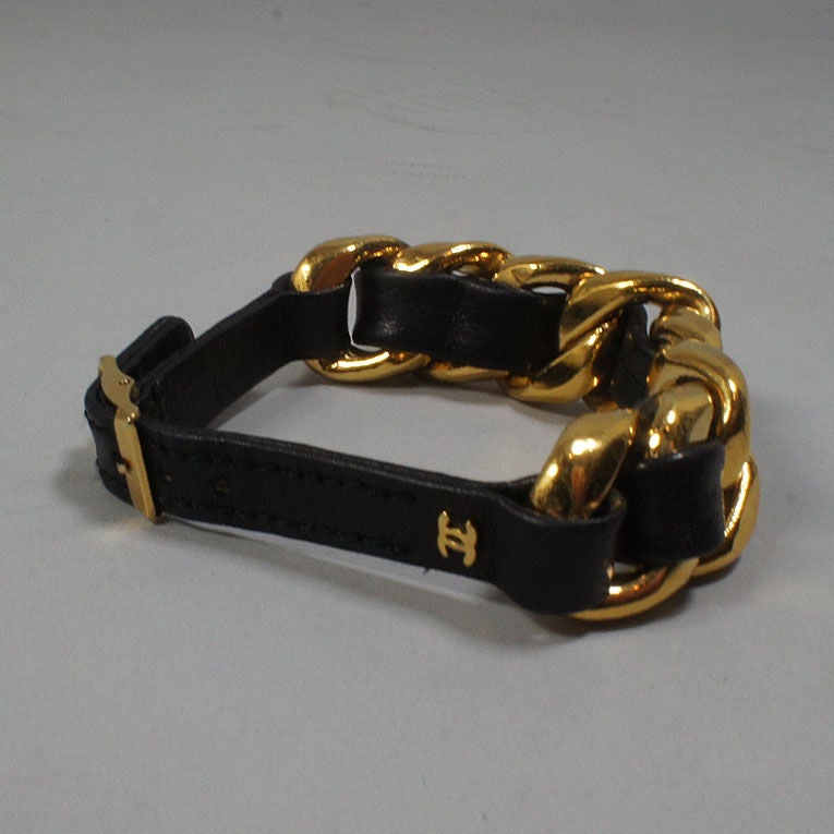 CHANEL Black Leather Gold Tone Chain Woven Bracelet