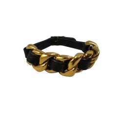 CHANEL Black Leather Gold Tone Chain Woven Bracelet