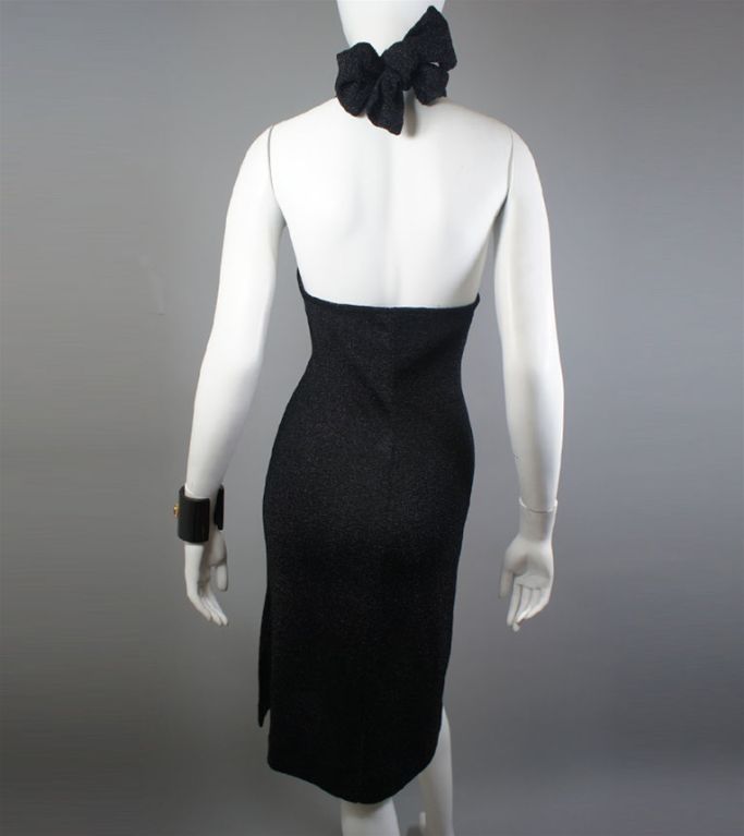 Women's Halston Vintage 70s Black Metallic Lurex Halter Dress Small 2 4 For Sale