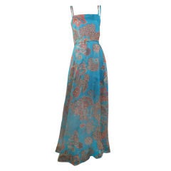 Retro Hardy Amies Boutique Teal Paisley Printed Dress With Shawl 46 12