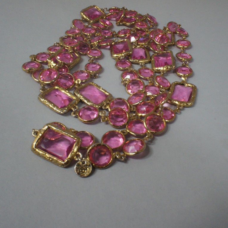 CHANEL vintage pink crystal chicklet sautoir necklace from 1981. Square & round faceted clear crystals. Can be styled single, double or triple, and looks great with pearls. This color is highly coveted among the sautoirs, and shines brightly in