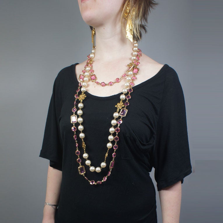 CHANEL 1981 Vintage Pink Crystal Chicklet Sautoir Necklace 2