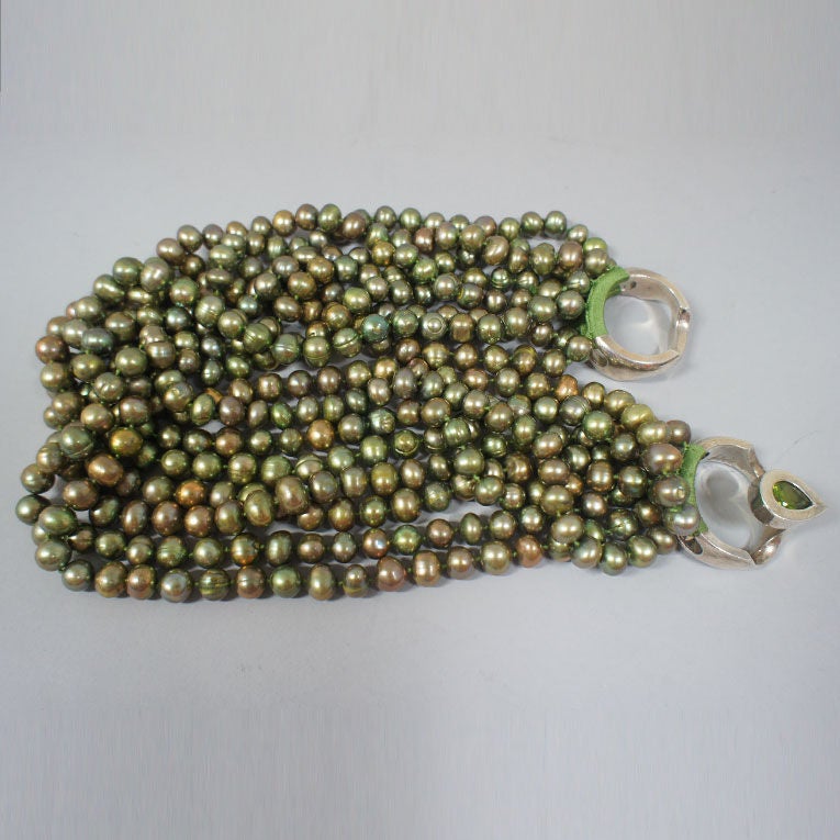 Contemporary Patricia Von Musulin 8 Strand Dyed Green Pearl Torsade Necklace