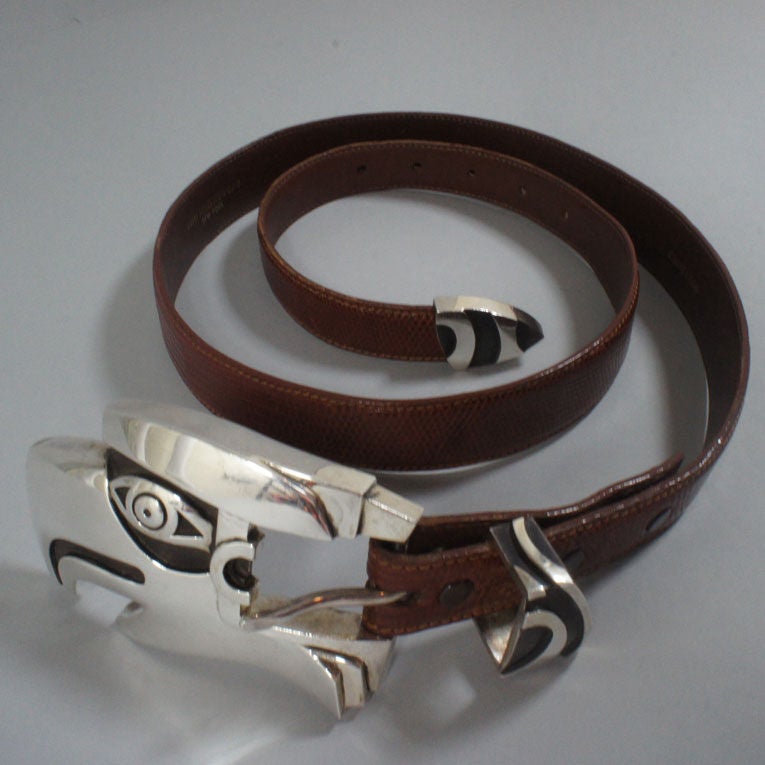 Kieselstein-Cord Brown Lizard Belt With Eagle Head Buckle For Sale 3