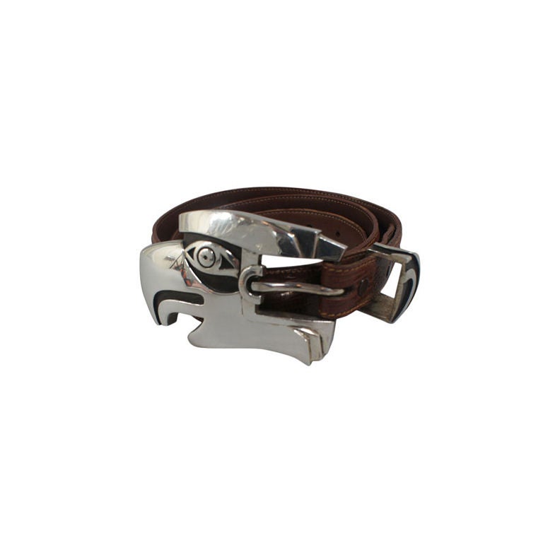 Kieselstein-Cord Brown Lizard Belt With Eagle Head Buckle For Sale