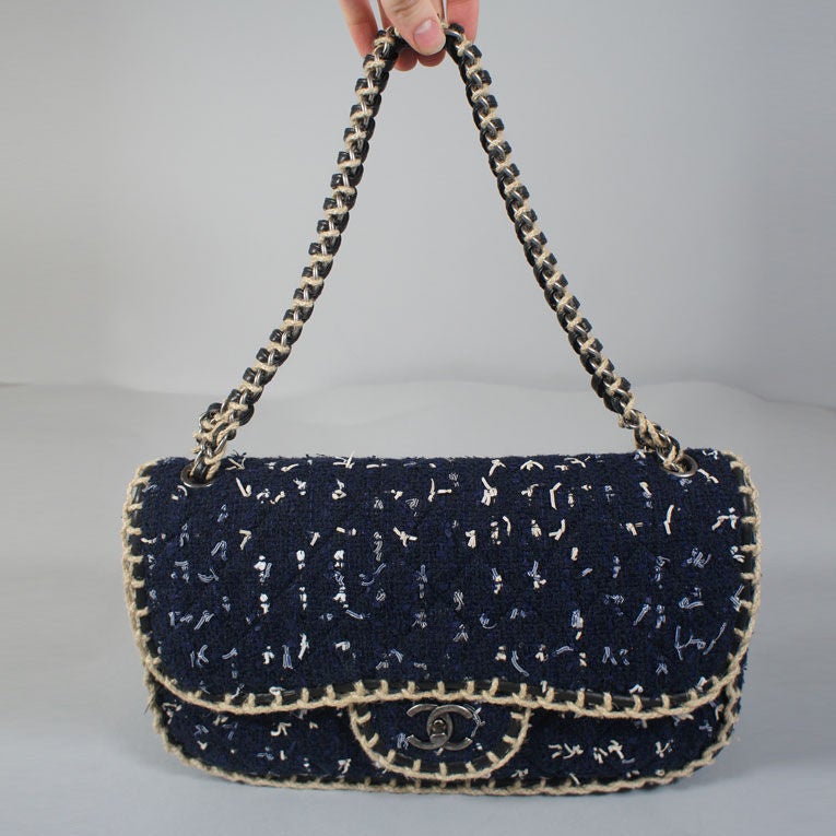 CHANEL 11C Navy Boucle Eyelash Classic Flap Bag Silver Tone HW