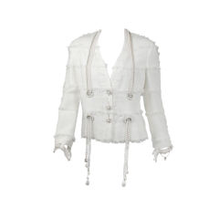 CHANEL White Multi-Boucle Dangling Pearl Jacket 40 US 8