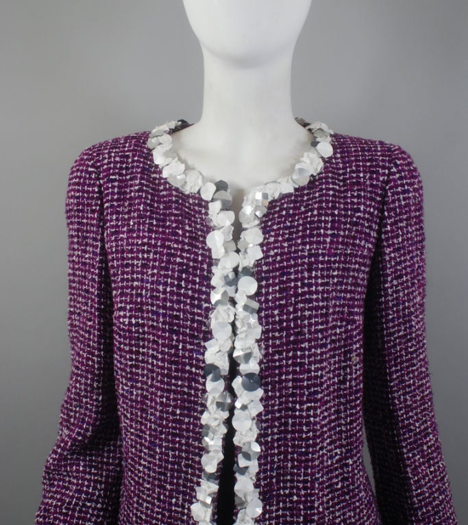 CHANEL 09P Purple/White Sequin And Mesh Trim Tweed Jacket 40 8