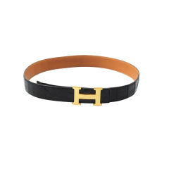 Hermes Reversible Constance Belt Black Crocodile GHW