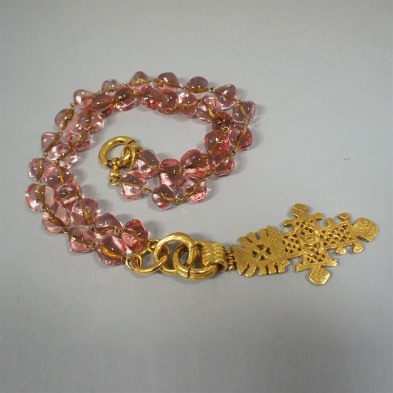 CHANEL 94P Pink Gripoix Beaded Baroque Gold Cross CC Necklace