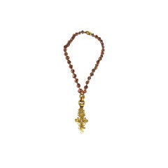 CHANEL 94P Pink Gripoix Beaded Baroque Gold Cross CC Necklace