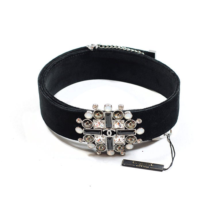 Women's CHANEL 06A Black Velvet Belt With Crystal Buckle 90cm