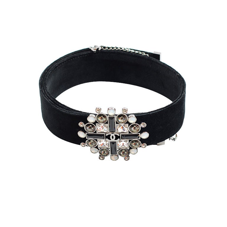 CHANEL 06A Black Velvet Belt With Crystal Buckle 90cm