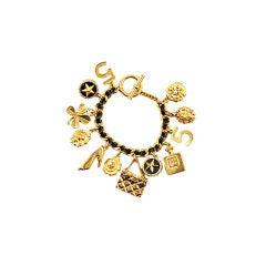 CHANEL Gold-tone and Black Leather Icon 8 Charm Bracelet