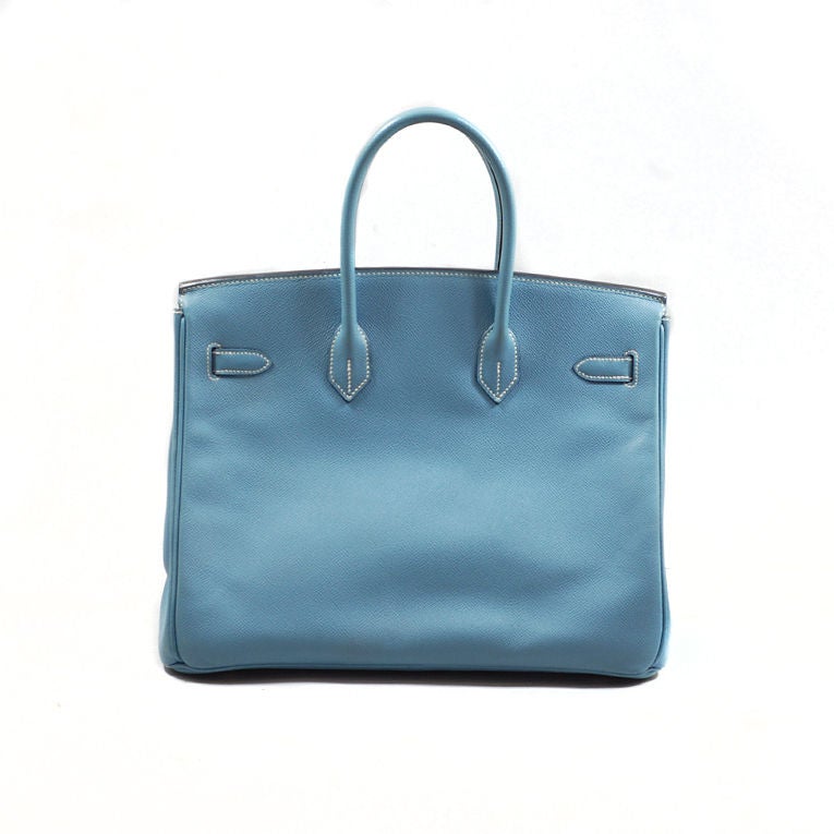 Hermes blue jean epsom Birkin in 35cm with palladium hardware  matching strap and clochette. The bag is in pristine condition, stamped K in a square (2007). Interior is lined in chevre (goatskin) leather, and features a side pocket and a side back