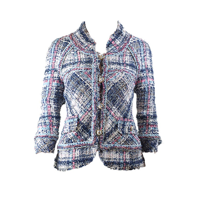 CHANEL Blue Lesage Fantasy Tweed & Ribbon Boucle Jacket FR 42