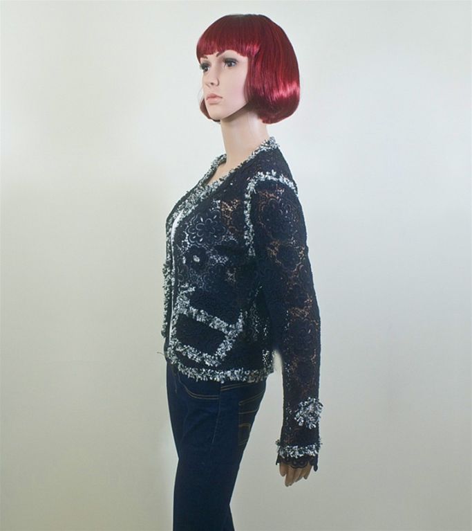 CHANEL Black and White Camellia Print Lace Jacket FR 36 US 4