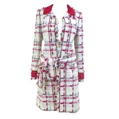 CHANEL 04P Red and White Plaid Tweed Belted Trench FR 36 US 4