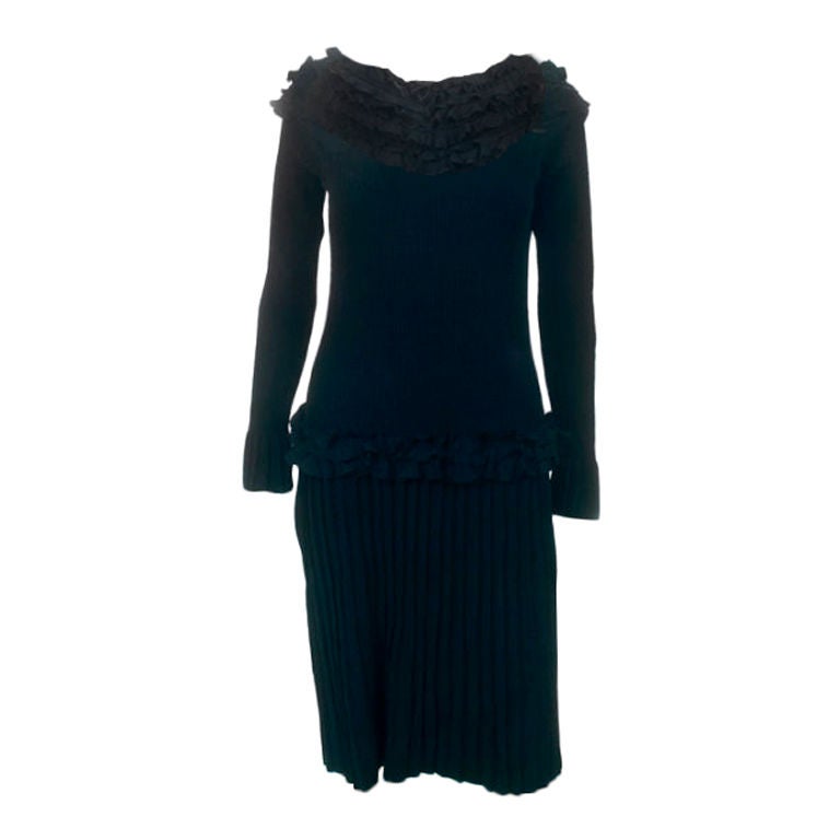 Louis Vuitton Black Knit Long Sleeve Ruffle Cocktail Dress Sz L For Sale