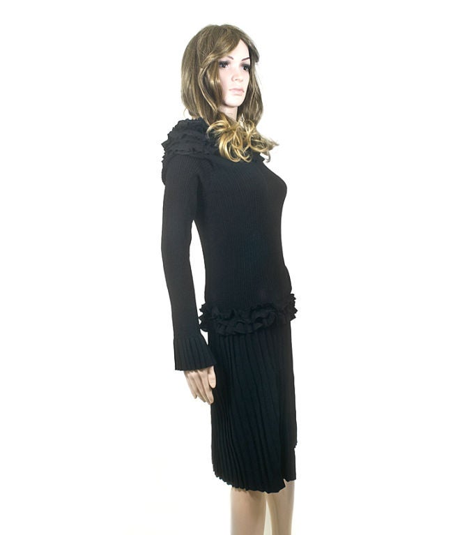 Women's Louis Vuitton Black Knit Long Sleeve Ruffle Cocktail Dress Sz L For Sale