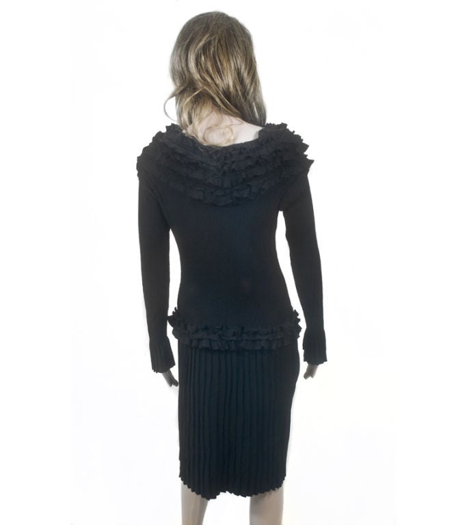 Louis Vuitton Black Knit Long Sleeve Ruffle Cocktail Dress Sz L For Sale 1
