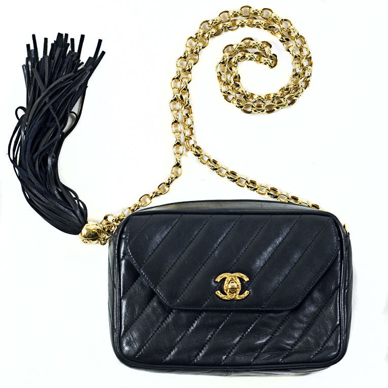 Chanel Vintage Lambskin Diagonal Stripe Quilted Camera Bag GHW 3