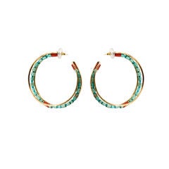 Native American Vtg 18K Gold Turquoise & Coral Pierced Hoops