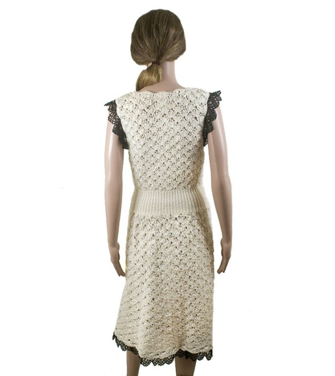 CHANEL 08P Ivory Silk Crochet Dress Black Lace Trim FR 40 US 8 1