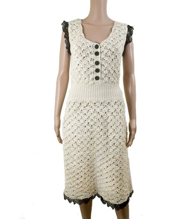 CHANEL 08P Ivory Silk Crochet Dress Black Lace Trim FR 40 US 8 2