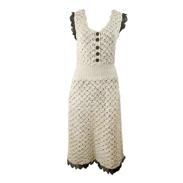 CHANEL 08P Ivory Silk Crochet Dress Black Lace Trim FR 40 US 8