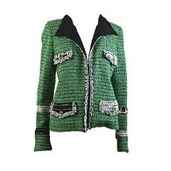 CHANEL 09A Green Wool Boucle Jacket Black White & Lurex Trim