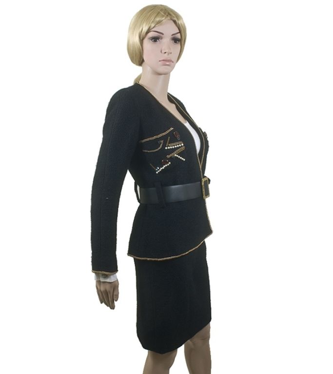 Women's CHANEL 09A Black Boucle Skirt Suit With Gripoix Sz 36 US 4