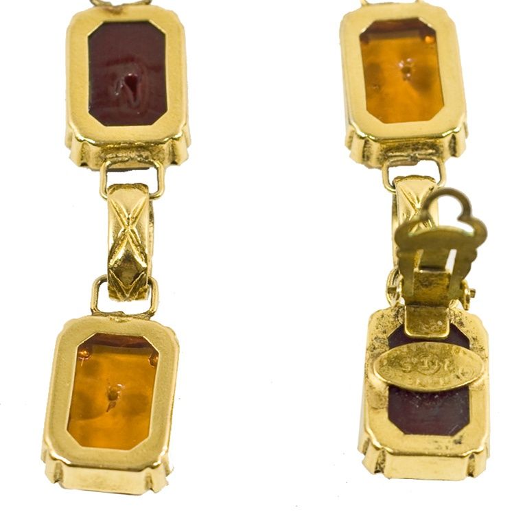 Women's CHANEL Vintage Gold Tone Ruby & Amber Gripoix Dangling Earrings For Sale
