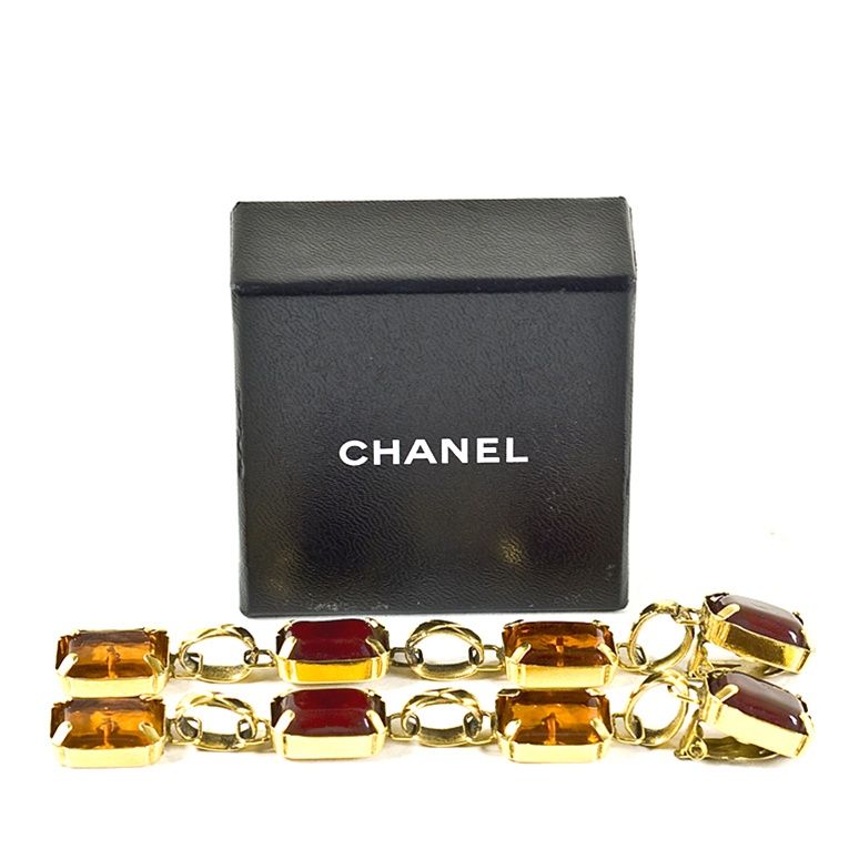 CHANEL Vintage Gold Tone Ruby & Amber Gripoix Dangling Earrings For Sale 1