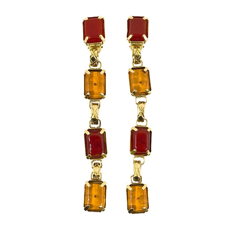 CHANEL Vintage Gold Tone Ruby & Amber Gripoix Dangling Earrings For Sale