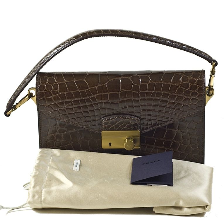 Prada Brown Crocodile Flap Shoulder Bag/Clutch GHW 3