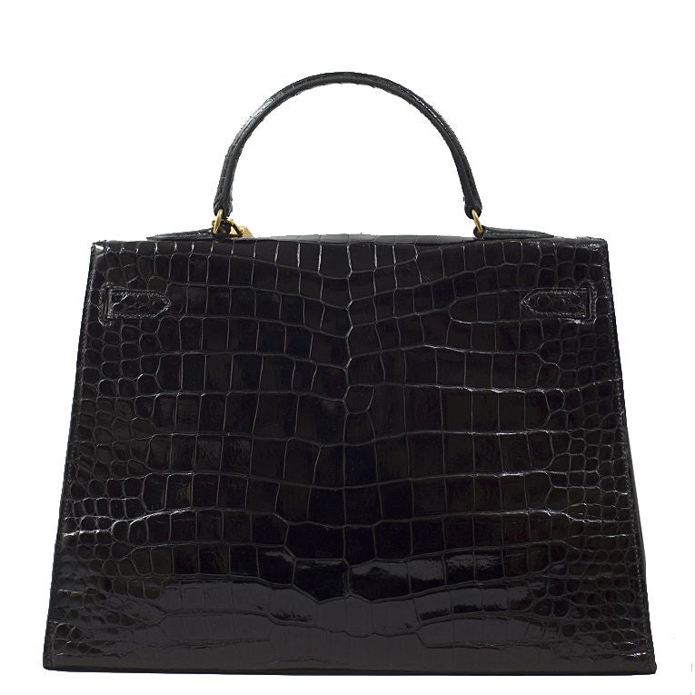 Women's or Men's Hermes Vintage Black Glazed Crocodile Kelly 35cm GHW