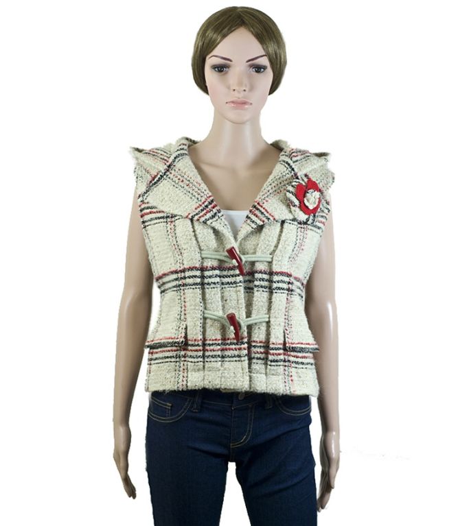 CHANEL beige and tan multi boucle (with red and black detail) hooded vest from the 06A collection.  Features removable matching camellia at lapel collar and maroon red CC toggle closures (2) on front.  The interior features the signature camellia