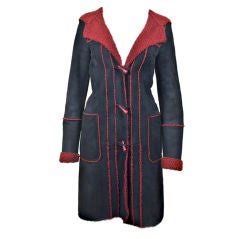 CHANEL 06A Navy Leather with Red Trim Shearling Toggle Coat FR 3