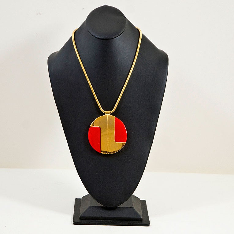 LANVIN Vintage Stamped Modernist Red Gold Circle Necklace Runway